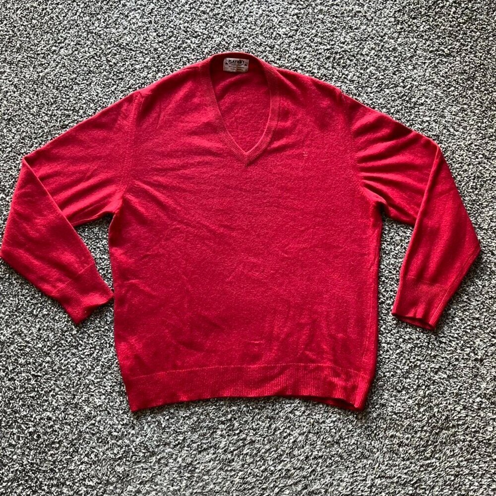 Vintage Playboy Sweater Mens 42 Red V-Neck Wool/Angola Rabbit Long Sleeve Top